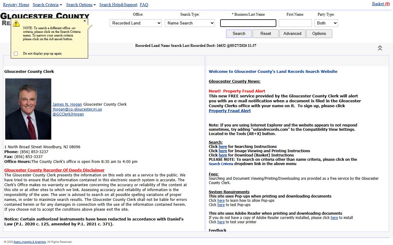 Gloucester County Clerk land records search portal for clerk records