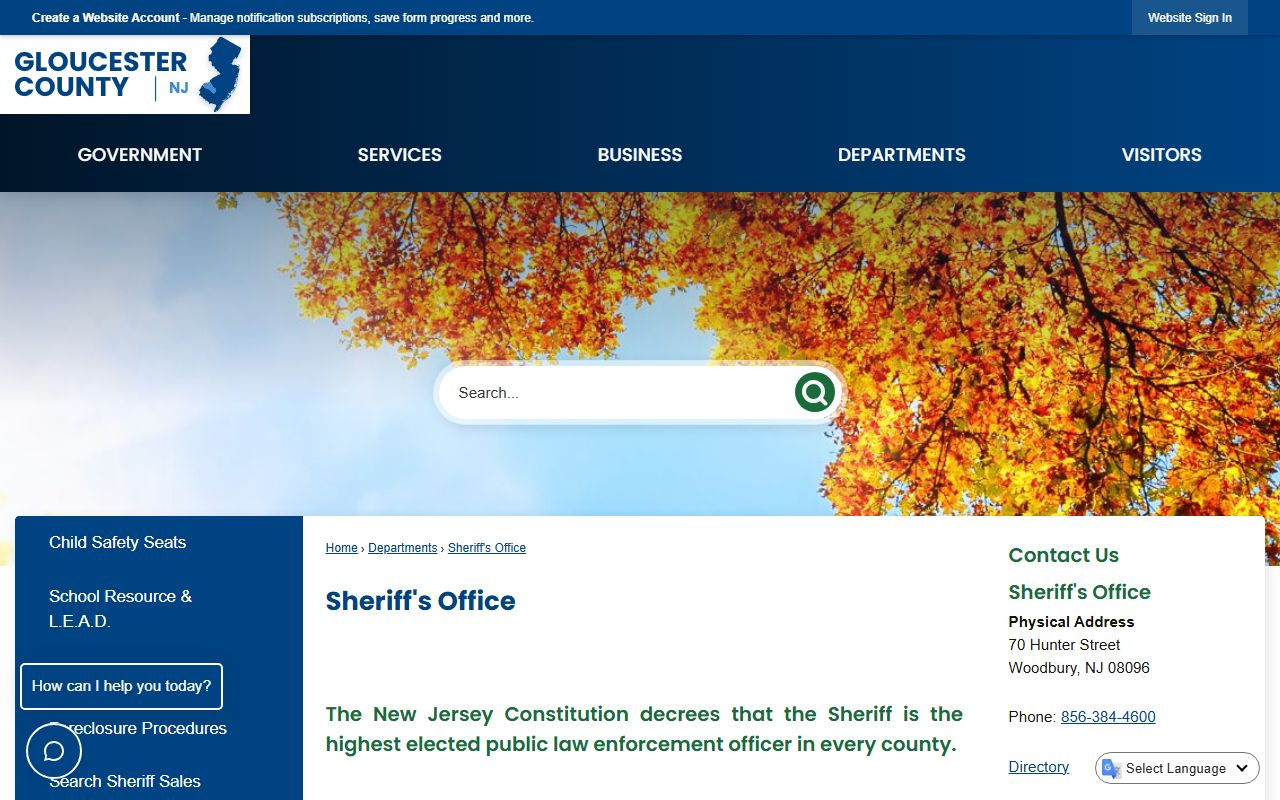 Gloucester County Sheriff's Office page with units and contact for court records