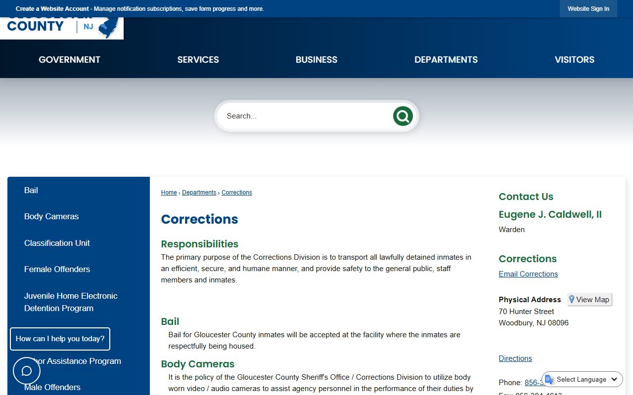 Gloucester County Corrections page for inmate records