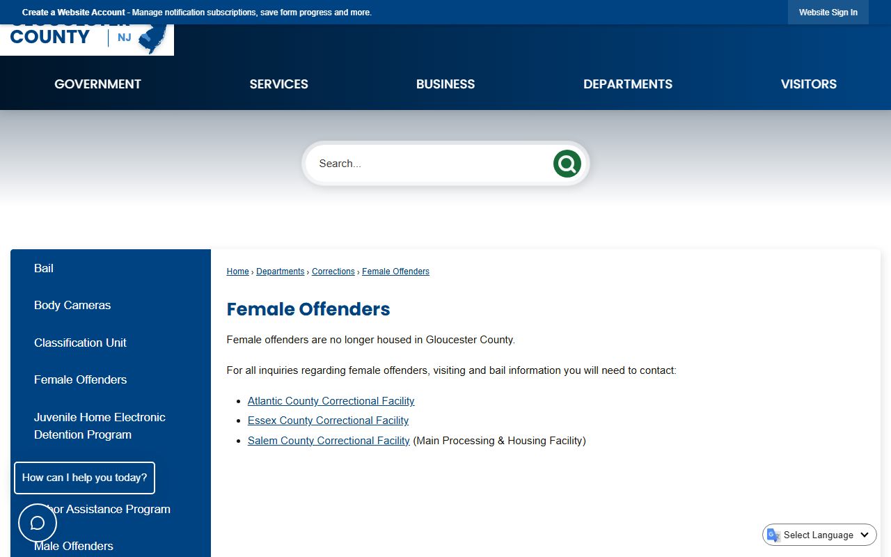 Gloucester County female offenders housing notice for inmate records