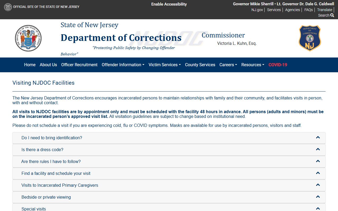 NJDOC visitation rules for Gloucester County inmate records