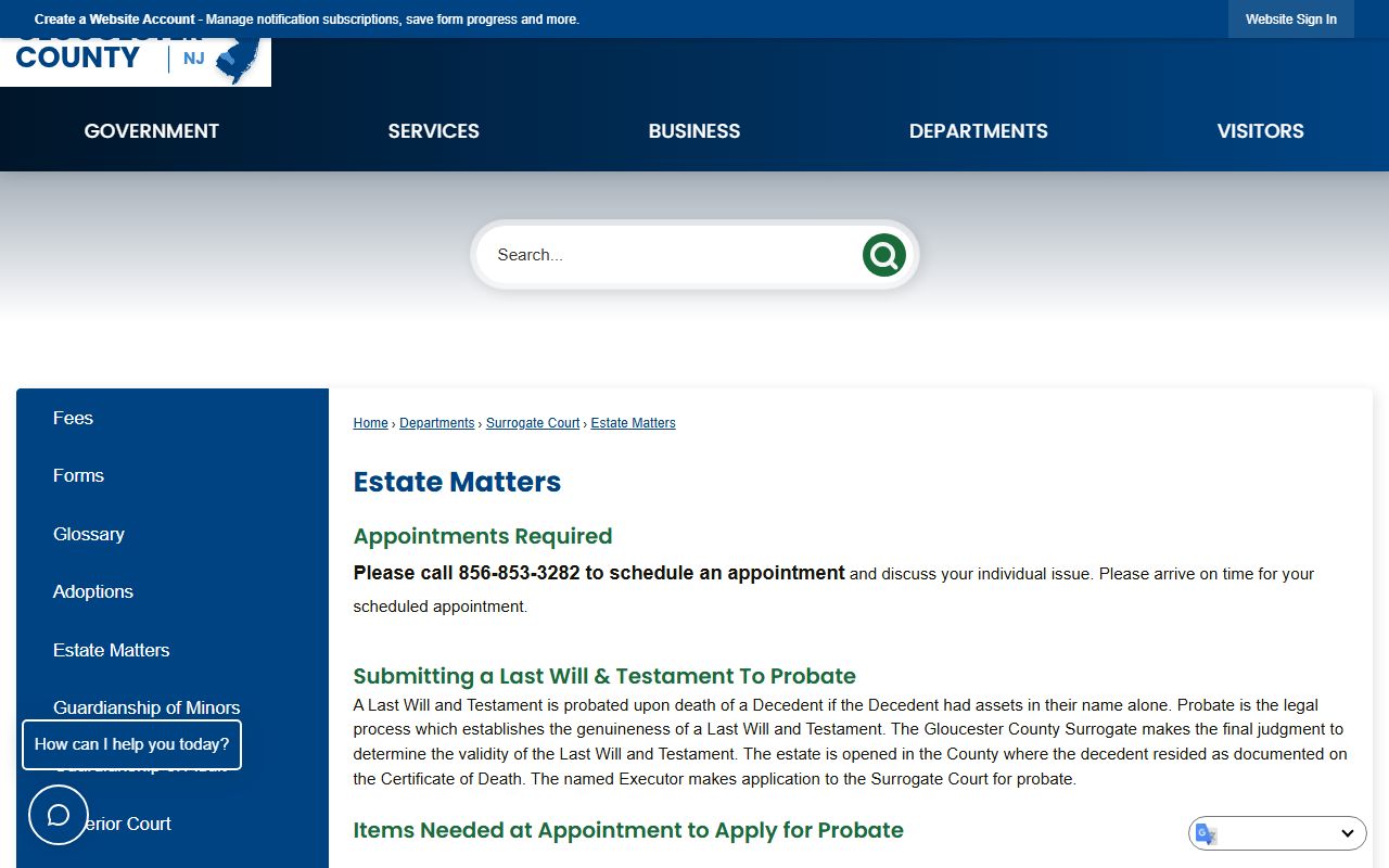 Gloucester County estate matters page for probate records
