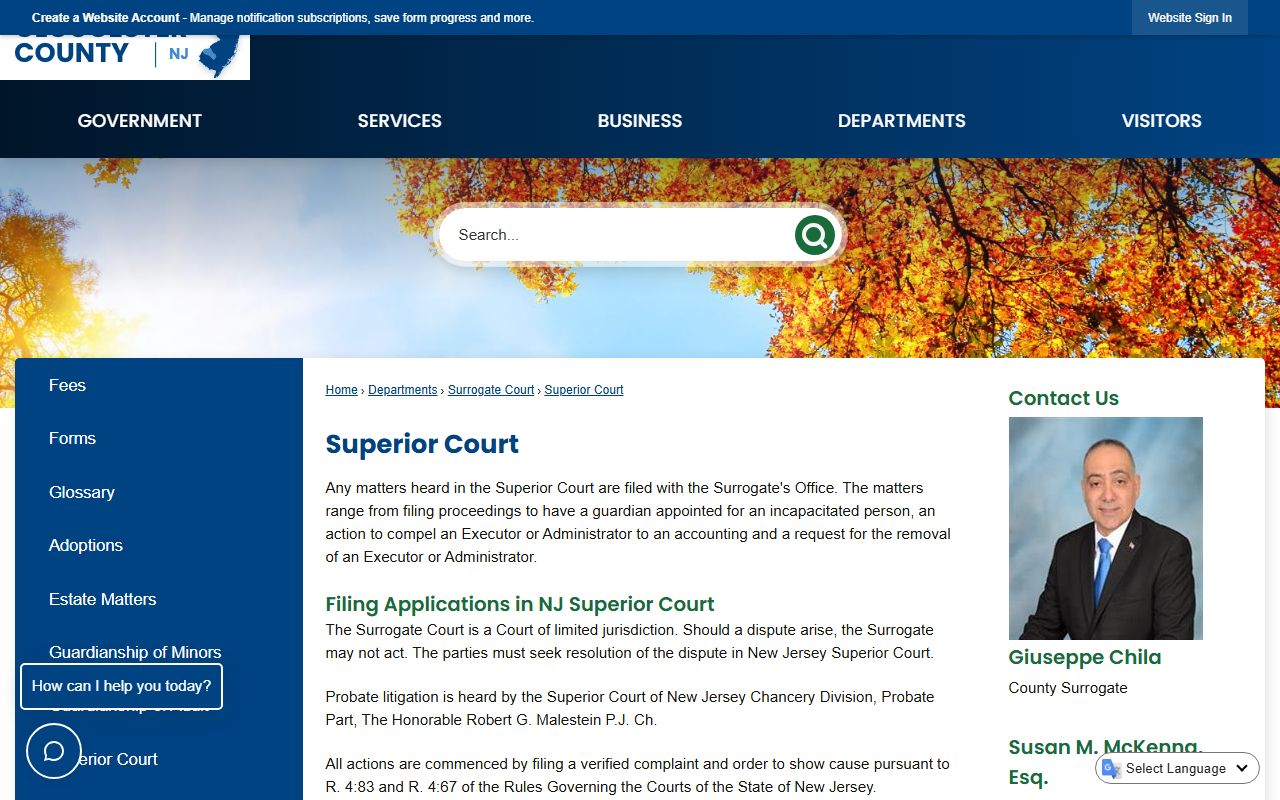 Gloucester County Superior Court probate filings page for probate records