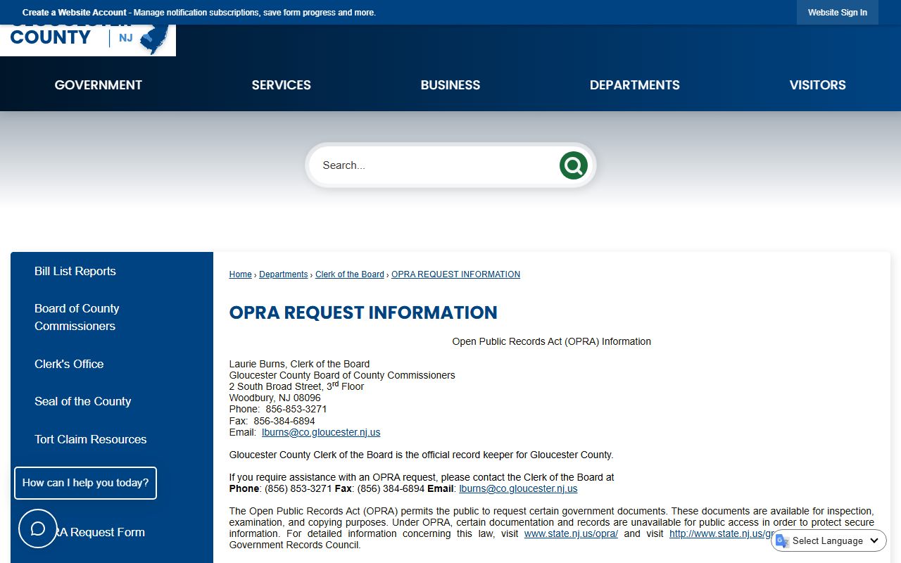 Gloucester County OPRA request information page for public records