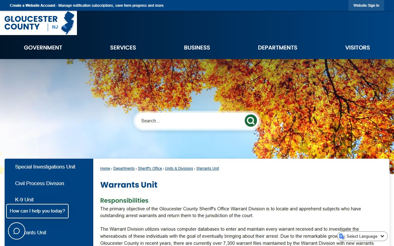 Gloucester County Sheriff Warrants Unit page for warrant records